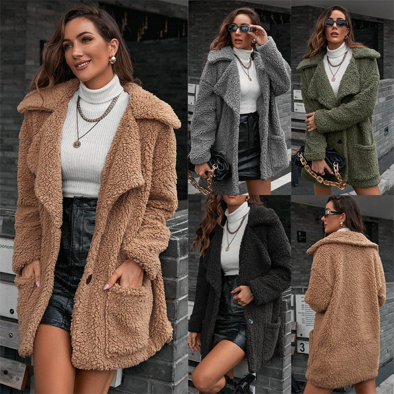 Single Breasted Bubble Fleece Jacket Loose Lapel Lamb Fleece Trench Coat - AMAZEALL