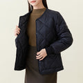 New Rhombus Sewing Cotton Coat Winter Warm Round-neck Jacket With Pockets Lightweight Outerwear For Women's Clothing - AMAZEALL