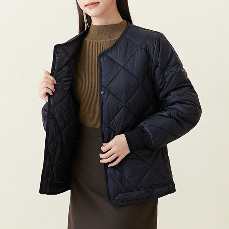 New Rhombus Sewing Cotton Coat Winter Warm Round-neck Jacket With Pockets Lightweight Outerwear For Women's Clothing - AMAZEALL