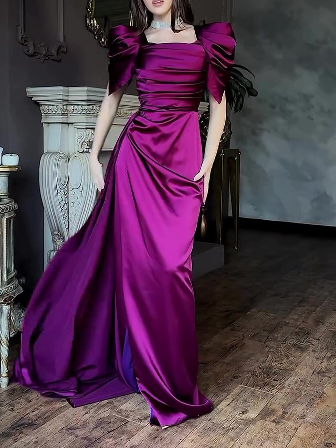 Elegant Puff Sleeve Pleated Slit Maxi Dress - AMAZEALL