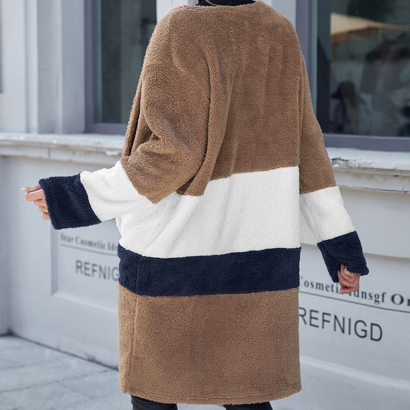 Double Sided Fur Color Block Mid-length Cardigan Trench Coat - AMAZEALL