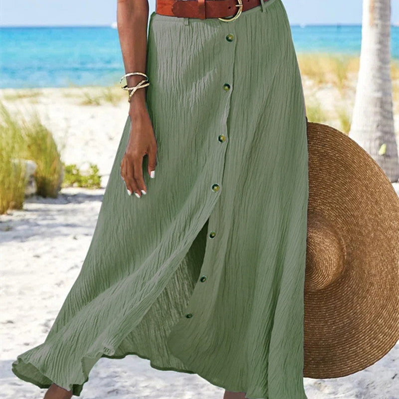 Women's Fashion Cotton Linen A-Line Hip Mid Waist Long Skirt - AMAZEALL