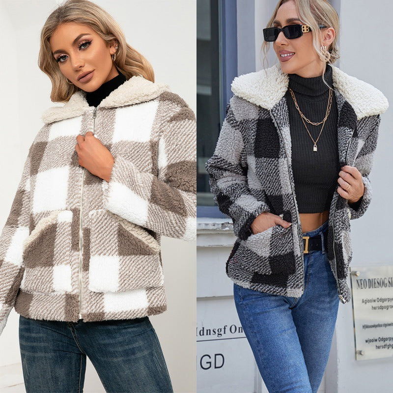 Casual Check Plush Lapel Jacket Lamb Fleece Check Pocket  Top - AMAZEALL