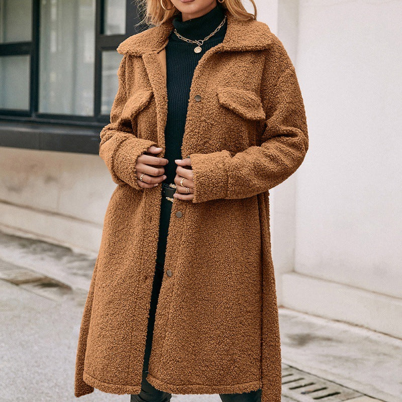 Mid Length Lapel Belted Single Breasted Plush Trench Coat - AMAZEALL