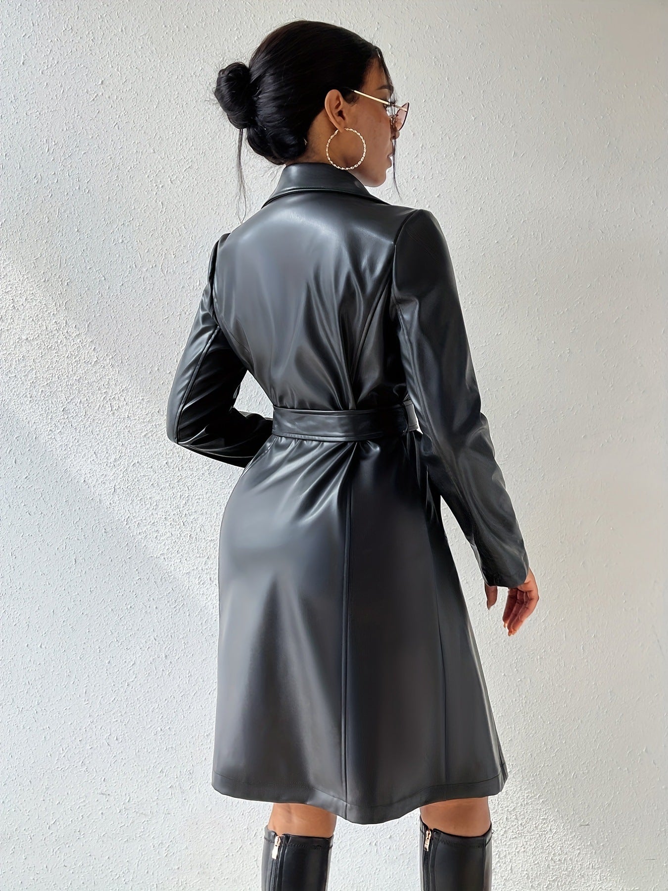 Long Sleeve Lapel PU Leather Jacket With Pockets Slim Fit Long Trench Coat Women's Clothing - AMAZEALL