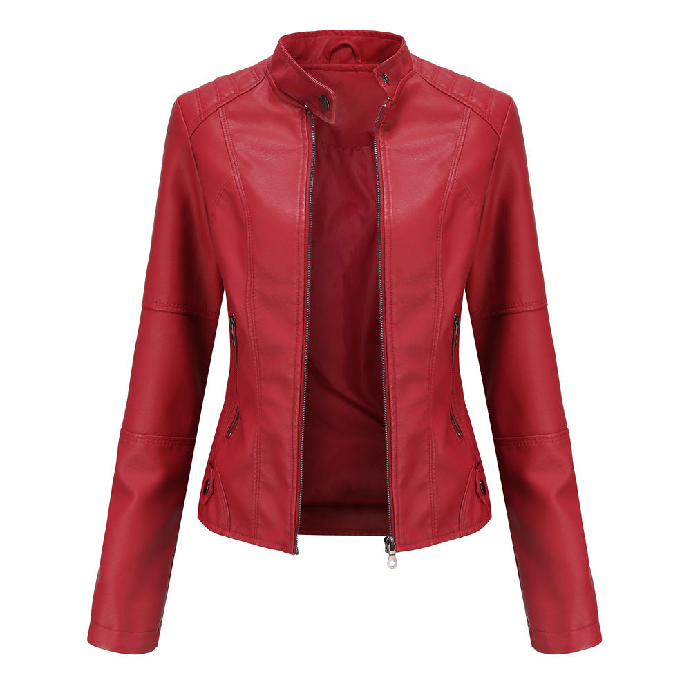 Biker Oversized Stand Collar Leather Jacket - AMAZEALL