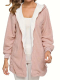 Zip Up Fuzzy Hooded Coat, Casual Pocket Long Sleeve Warm Outerwear For Fall & Winter, Women's Clothing - AMAZEALL