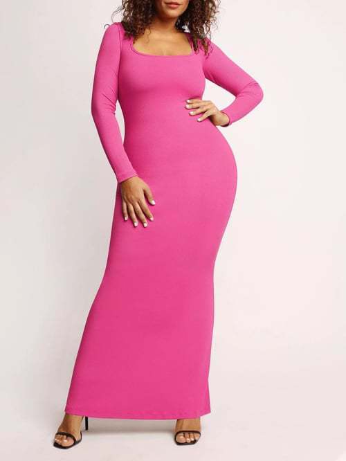 Round Neck Sleeved Slim Fitting Long Dress - AMAZEALL