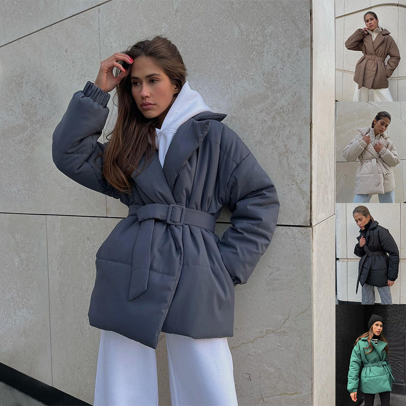 Winter Lapel Waisted Cotton Coat Fashion Solid Color Slim Overcoat Womens Clothing - AMAZEALL