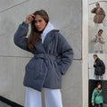 Winter Lapel Waisted Cotton Coat Fashion Solid Color Slim Overcoat Womens Clothing - AMAZEALL