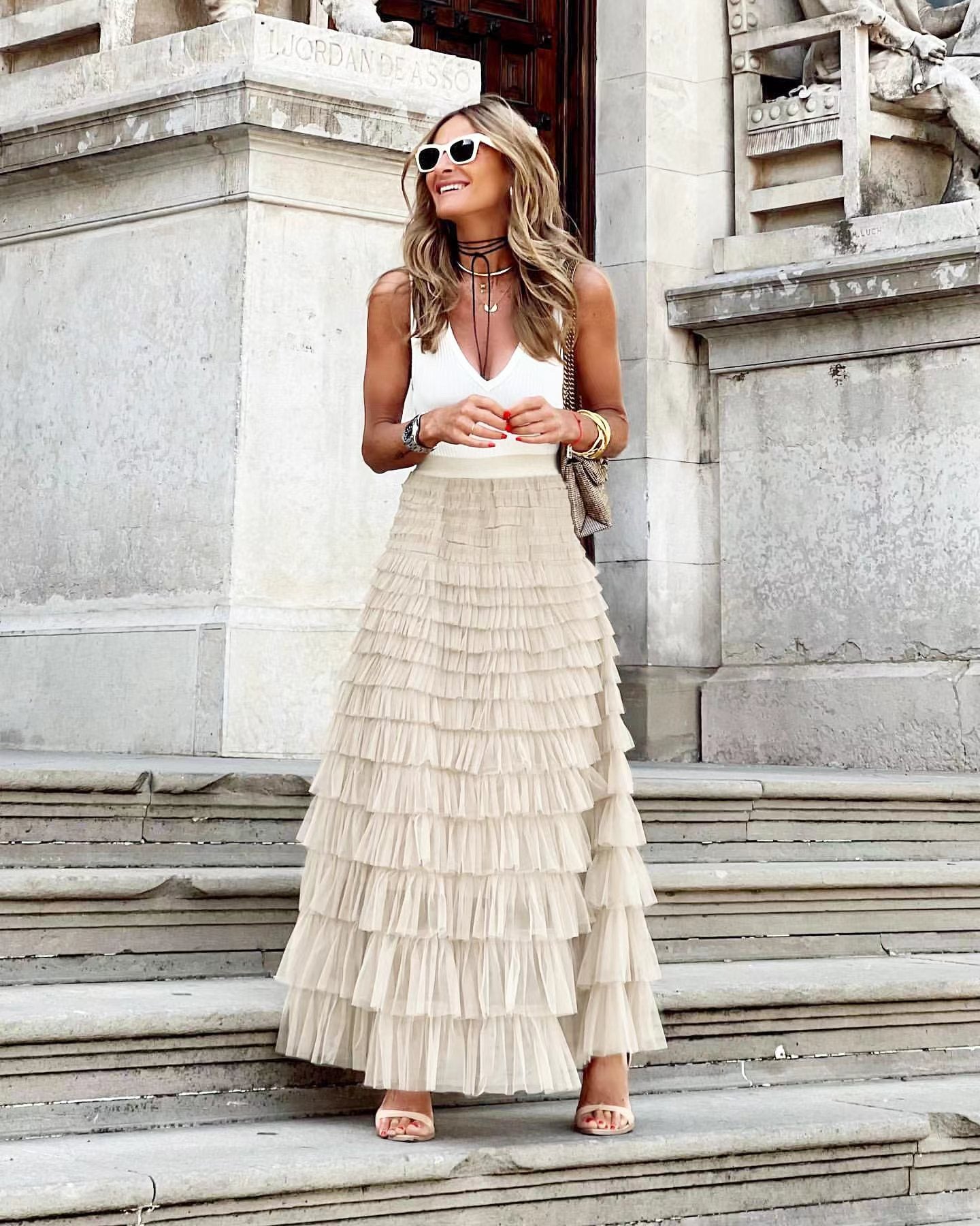 Layered Ruffles Cake Skirt Summer Fashion A Line Swing Mesh Long Skirt Party Dress Women - AMAZEALL