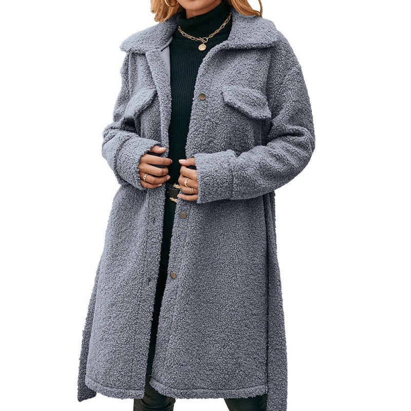 Mid Length Lapel Belted Single Breasted Plush Trench Coat - AMAZEALL
