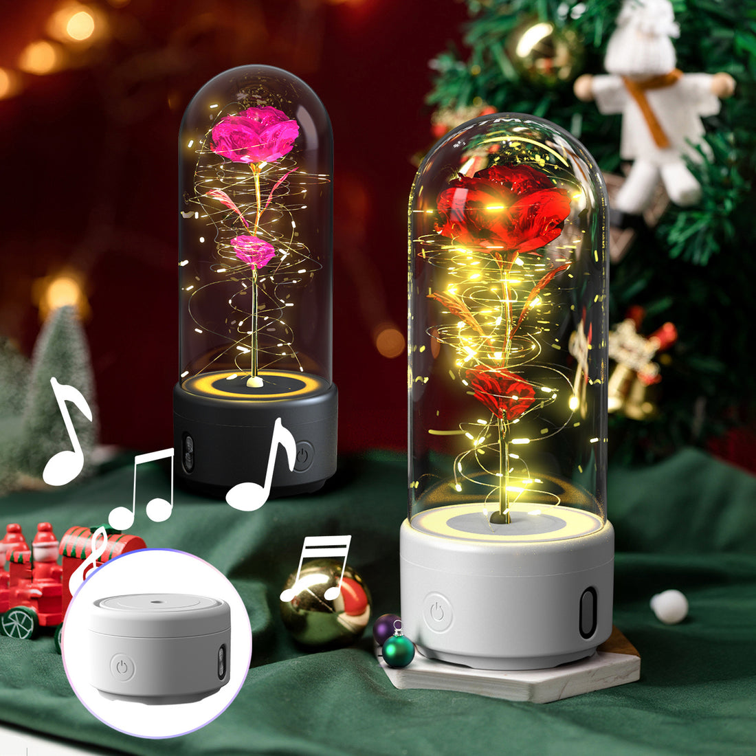 Creative 2 In 1 Rose Flowers LED Light And Bluetooth-compatible Speaker Valentine's Day Gift Rose Luminous Night Light Ornament In Glass Cover - AMAZEALL