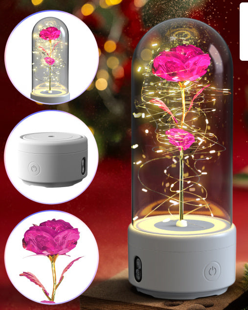 Creative 2 In 1 Rose Flowers LED Light And Bluetooth-compatible Speaker Valentine's Day Gift Rose Luminous Night Light Ornament In Glass Cover - AMAZEALL