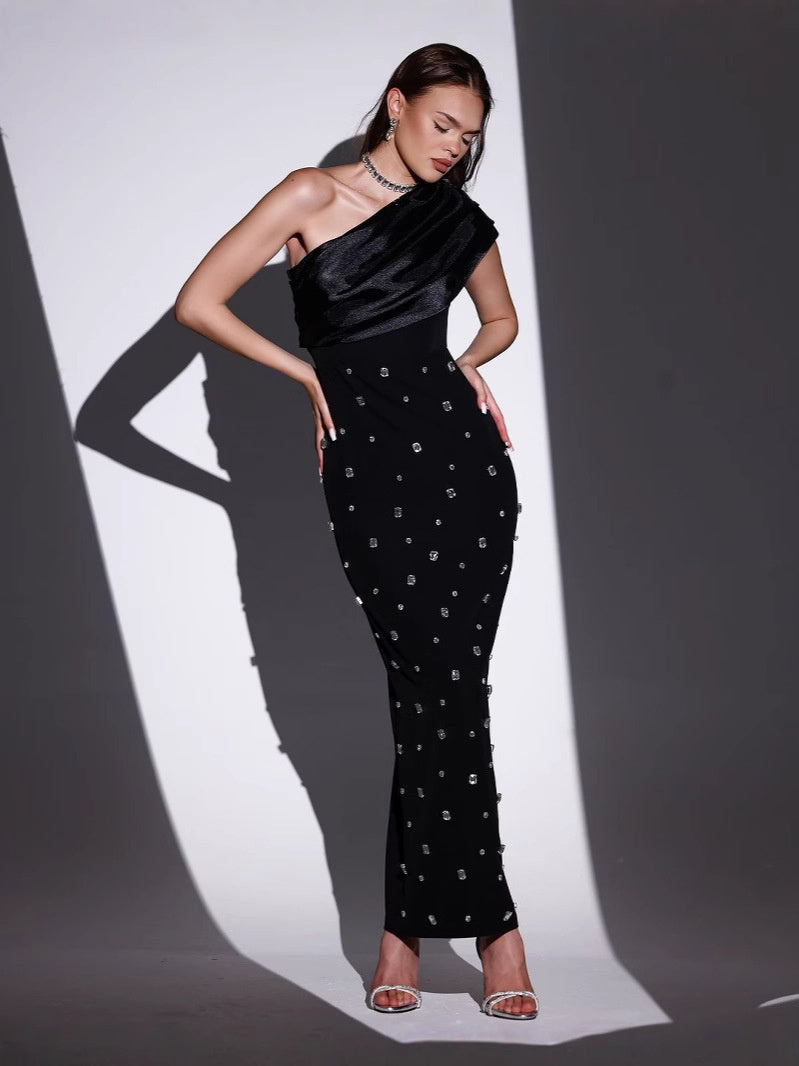 Off-shoulder Diamond Black Evening Dress - AMAZEALL