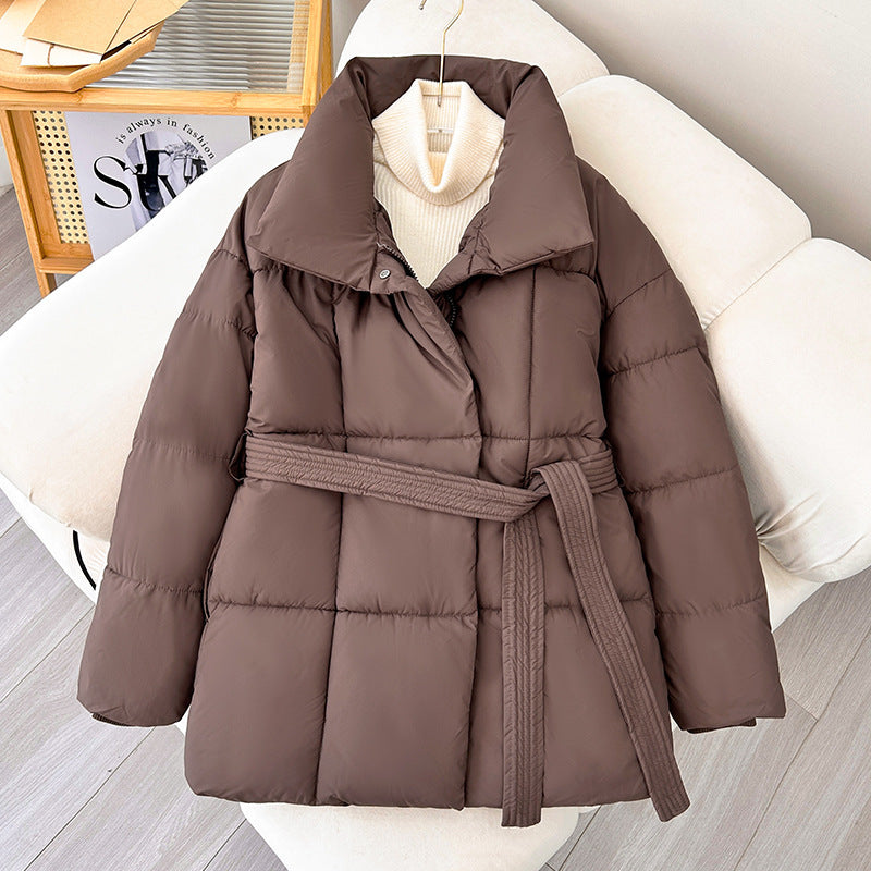 Winter Plaid Sewing Lapel Coat With Lace-up Design Fashion Loose Solid Thick Jacket Outerwear Women's Clothing - AMAZEALL