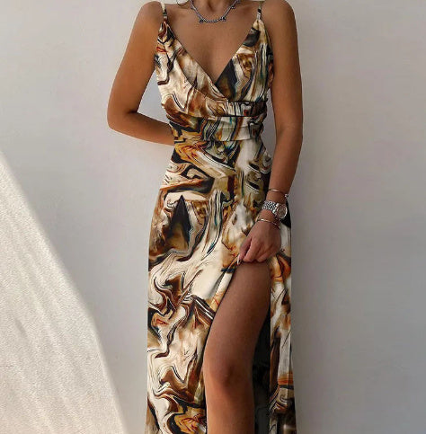 V-neck Slip Dress Low Cut Printed Slit Dress - AMAZEALL