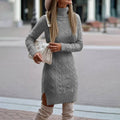 Fashion Turtleneck Knitted Dress With Slit Design Winter Warm Solid Color Pullover Long Sweater Women's Clothing - AMAZEALL