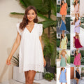 Lace Dresses With Pocket Summer Sleeveless Jacquard Cutout V-Neck Beach Dress - AMAZEALL