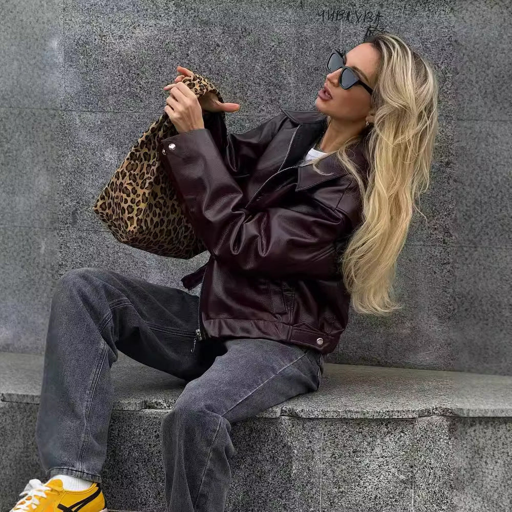 Solid Color Lapel Zipper Jacket Fashion Casual Long Sleeve Leather Coat Tops Women Clothing - AMAZEALL
