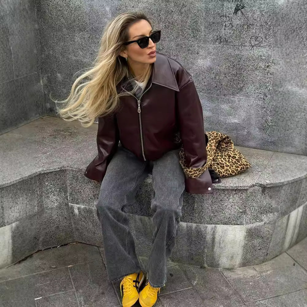 Solid Color Lapel Zipper Jacket Fashion Casual Long Sleeve Leather Coat Tops Women Clothing - AMAZEALL