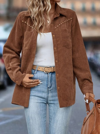 Stud Detail Pocket Patch Button Down Shirt Jacket - AMAZEALL