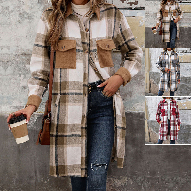 New Brushed Plaid Long Coat With Pockets Fashion Winter Jacket Outwear Women's Clothing - AMAZEALL