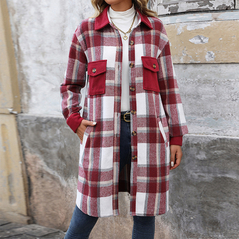 New Brushed Plaid Long Coat With Pockets Fashion Winter Jacket Outwear Women's Clothing - AMAZEALL