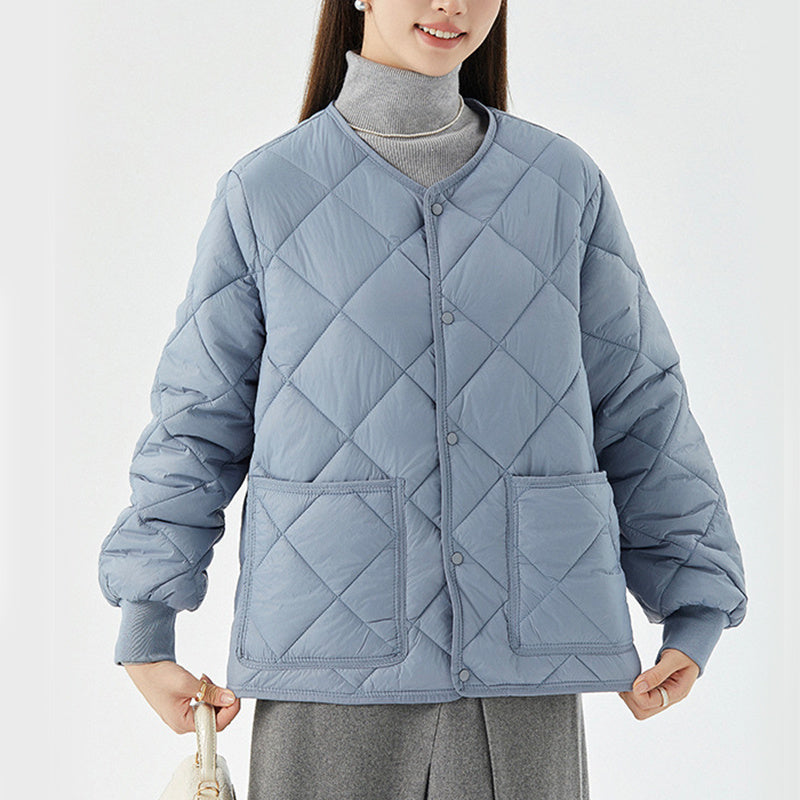 New Rhombus Sewing Cotton Coat Winter Warm Round-neck Jacket With Pockets Lightweight Outerwear For Women's Clothing - AMAZEALL