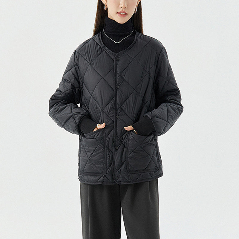 New Rhombus Sewing Cotton Coat Winter Warm Round-neck Jacket With Pockets Lightweight Outerwear For Women's Clothing - AMAZEALL