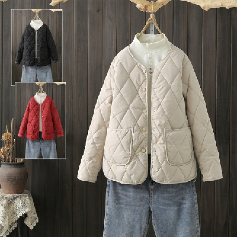 Winter Rhombus Sewing Coat With Pockets Warm Round-neck Button Jacket Lightweight Outerwear For Women's Clothing - AMAZEALL