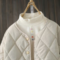 Winter Rhombus Sewing Coat With Pockets Warm Round-neck Button Jacket Lightweight Outerwear For Women's Clothing - AMAZEALL