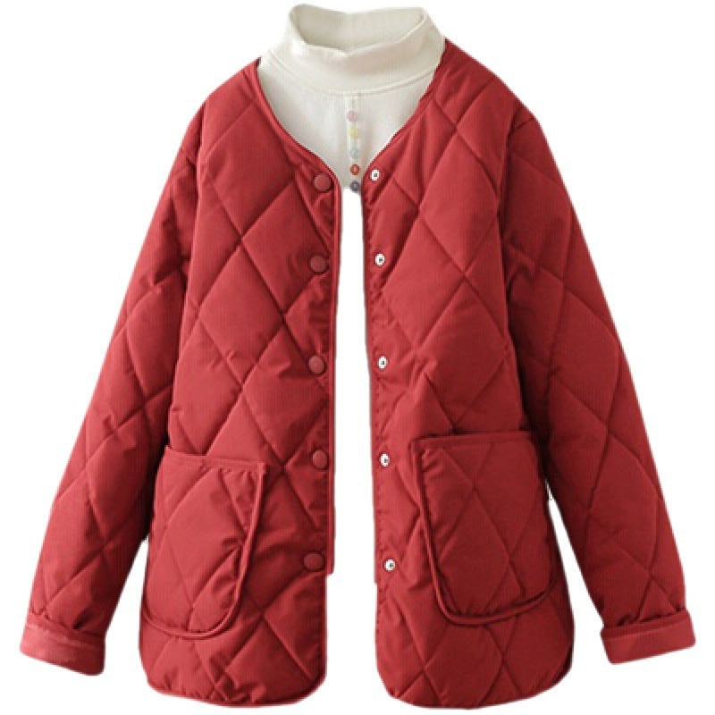 Winter Rhombus Sewing Coat With Pockets Warm Round-neck Button Jacket Lightweight Outerwear For Women's Clothing - AMAZEALL