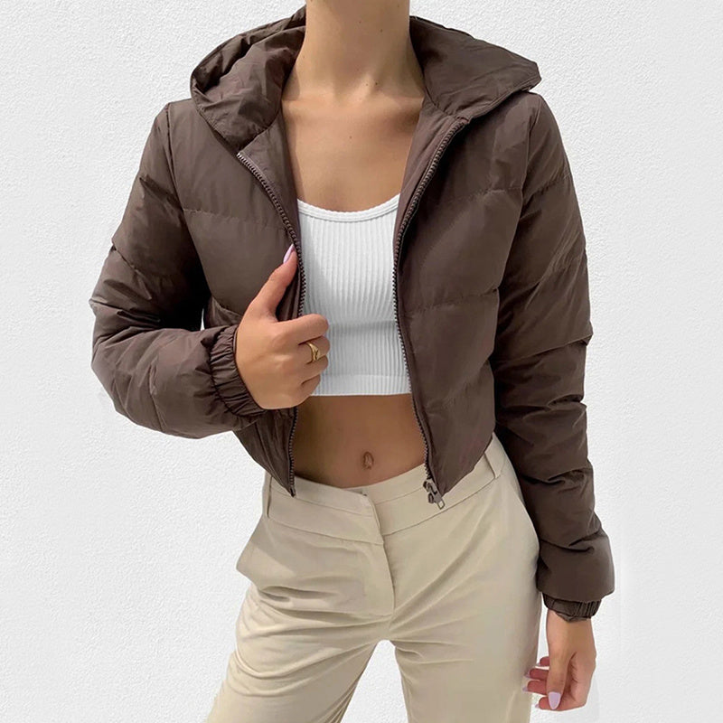 Fashion Zipper Hooded Short Coat Winter Mandela-color Jacket Outerwear Women's Clothing - AMAZEALL