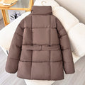 Winter Plaid Sewing Lapel Coat With Lace-up Design Fashion Loose Solid Thick Jacket Outerwear Women's Clothing - AMAZEALL