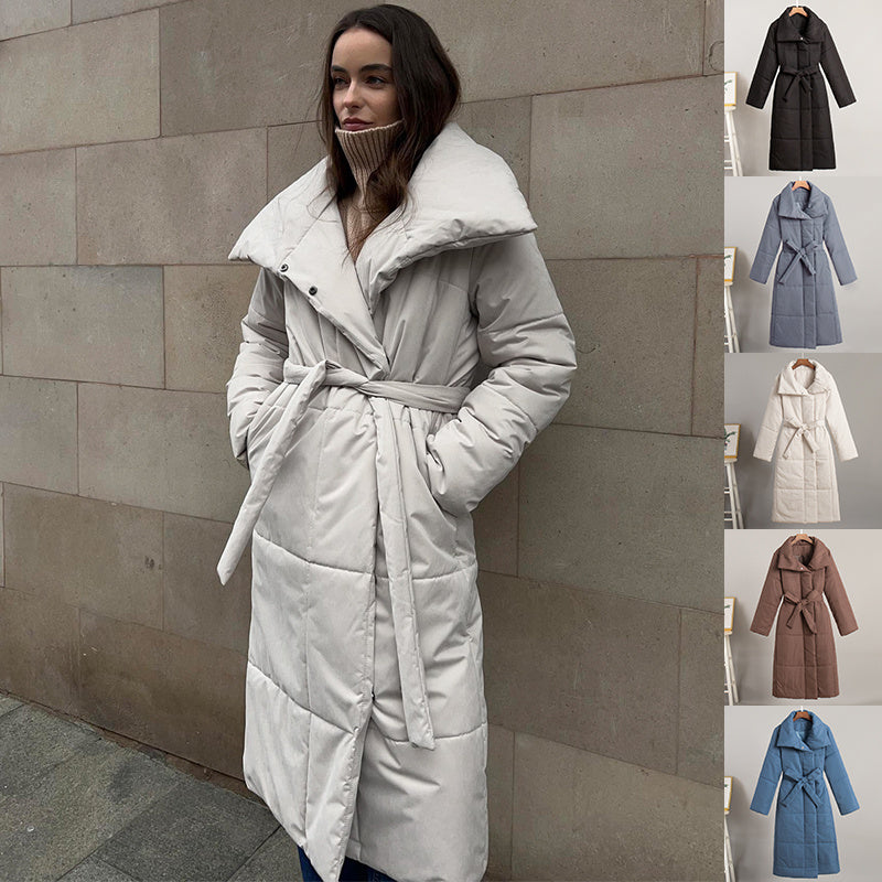 Fashion Large Lapel Long Coat Winter Warm Cotton Jacket With Pockets And Lace-up Design Casual Solid Color Thick Coat For Women Outwear Clothing - AMAZEALL