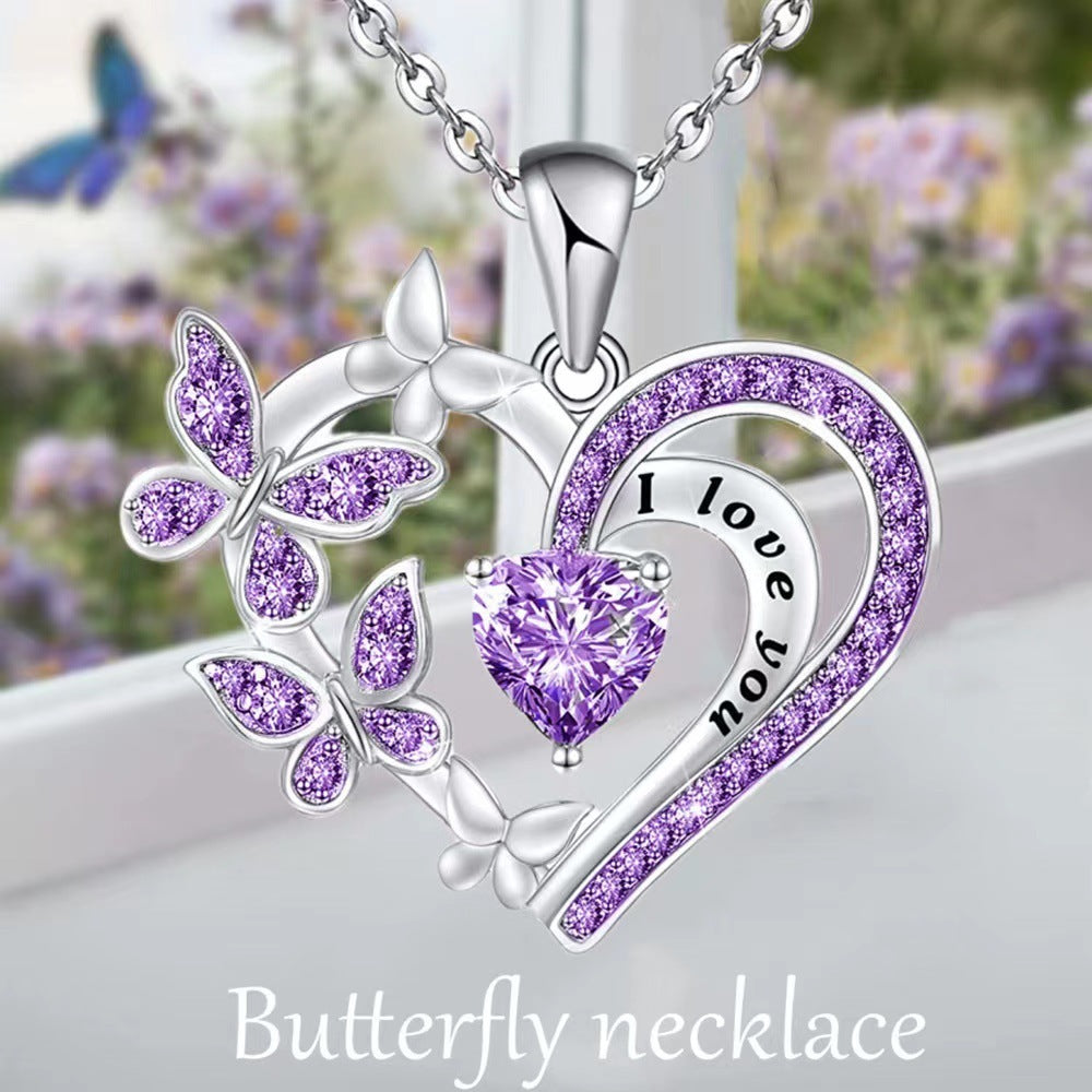Ins Butterfly Love Necklace With Rhinestones Fashion Personality Hollow Heart-shaped Clavicle Chain Pendant Necklace For Valentine's Day - AMAZEALL