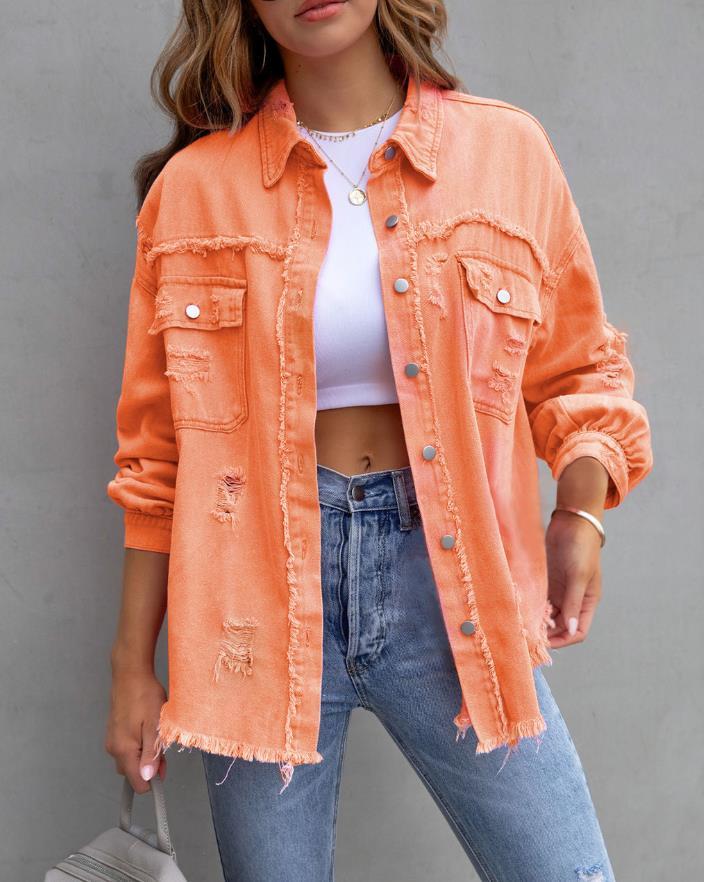 Women's Oversized Frayed Lightweight Denim Jacket Button Down Ripped Distressed Jean Shacket - AMAZEALL