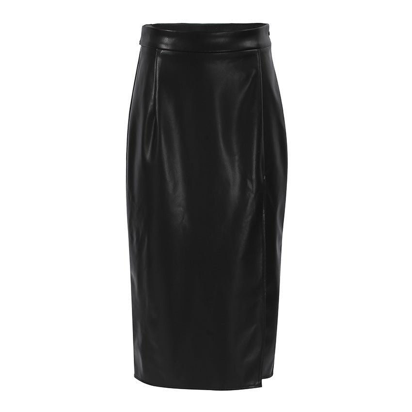 Slit Leather Sexy Mid Length Skirt High Waist Skirt - AMAZEALL