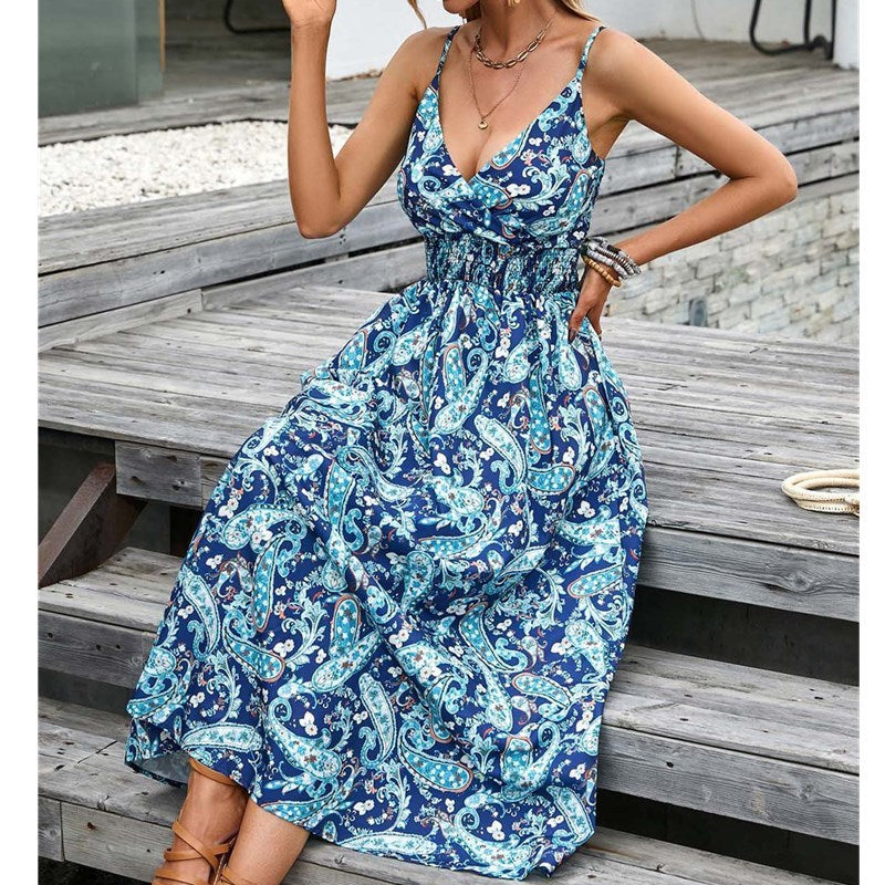Fashionable Deep V Printed Slip Dress Summer - AMAZEALL