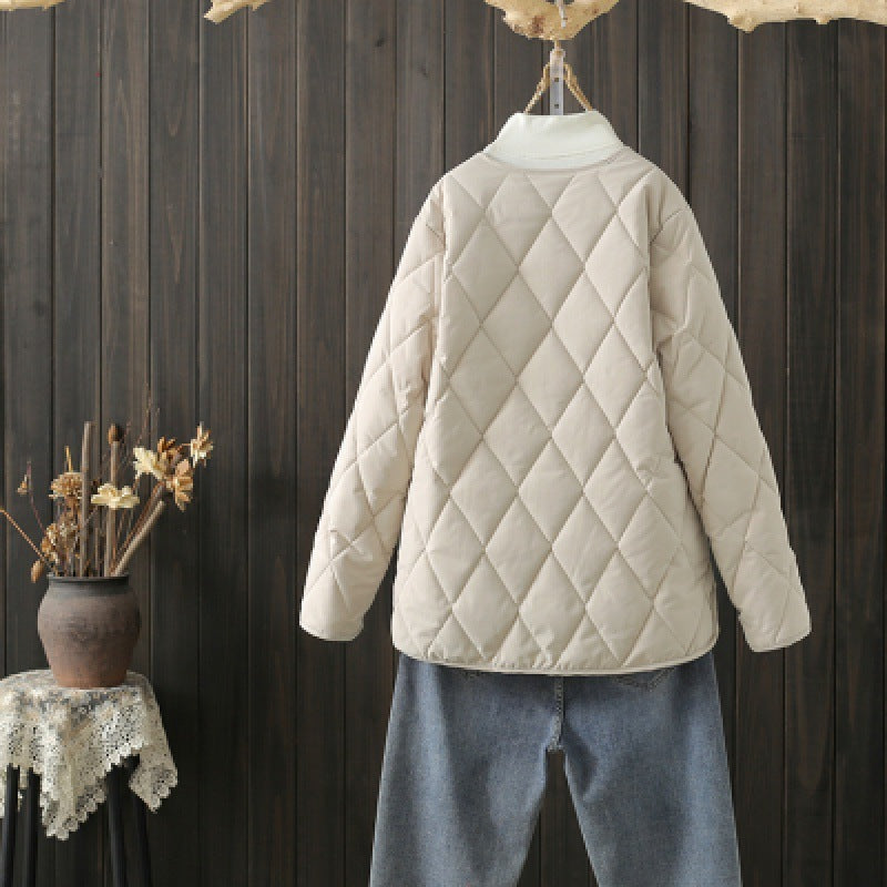 Winter Rhombus Sewing Coat With Pockets Warm Round-neck Button Jacket Lightweight Outerwear For Women's Clothing - AMAZEALL