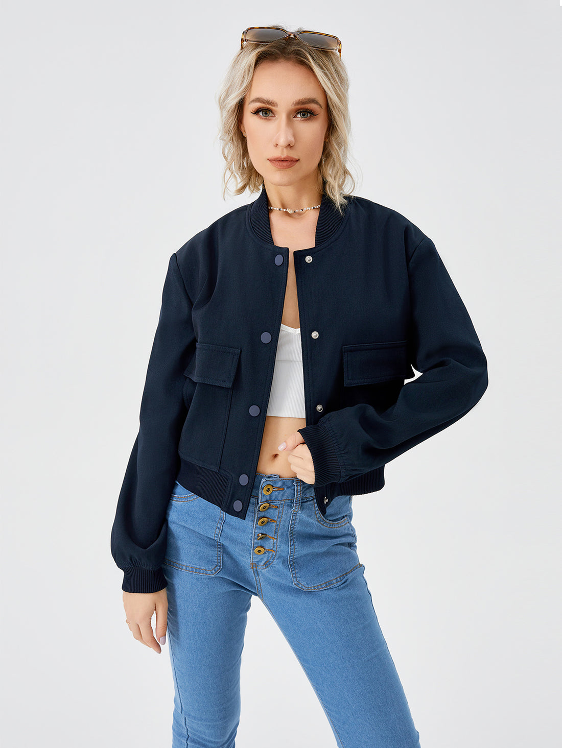 Women's Lightweight Cropped Bomber Jacket Casual Long Sleeve Varsity Jacket With Pocket Fashion Y2k Jacket Streetwear - AMAZEALL