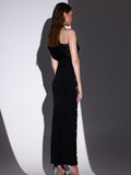 Off-shoulder Diamond Black Evening Dress - AMAZEALL