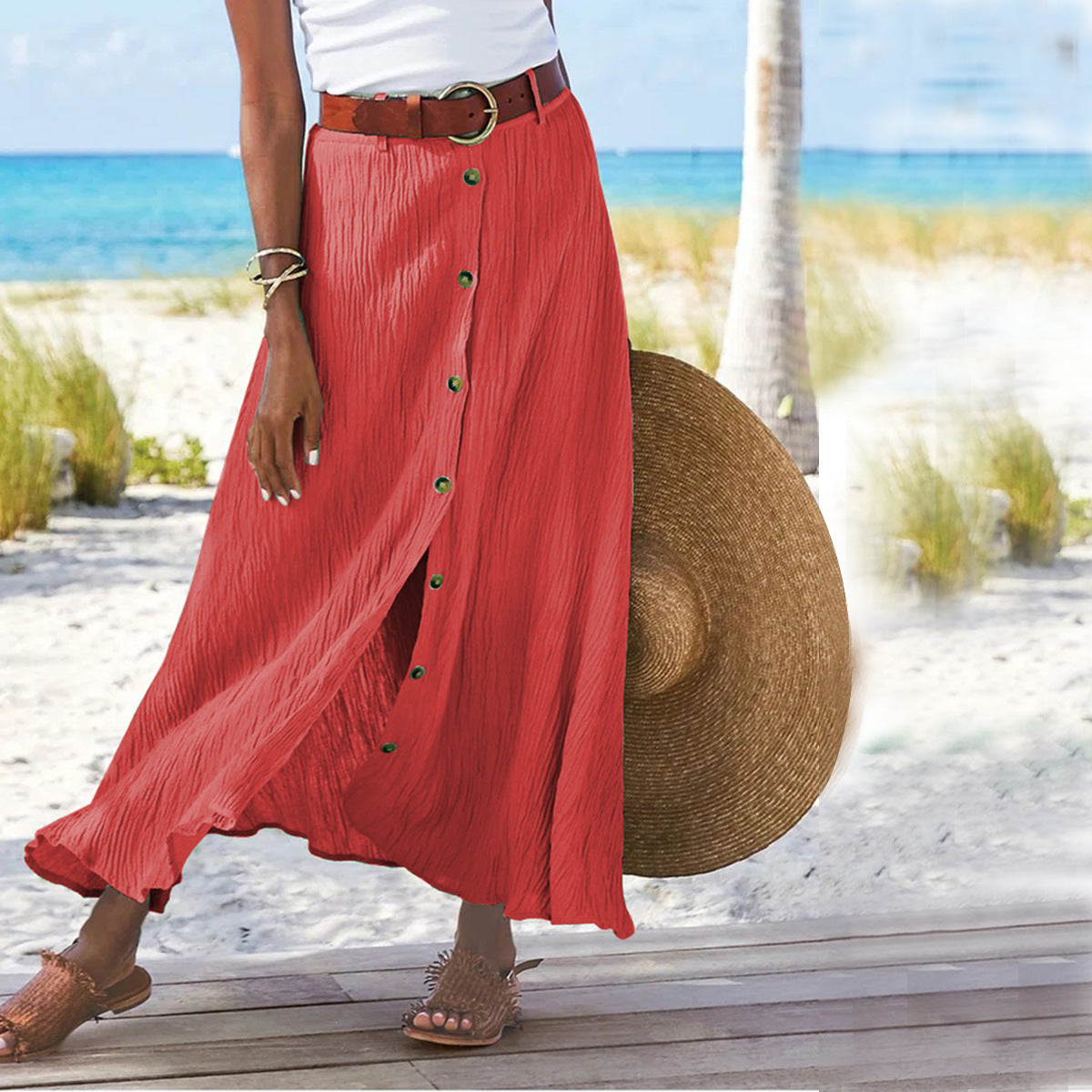 Women's Fashion Cotton Linen A-Line Hip Mid Waist Long Skirt - AMAZEALL