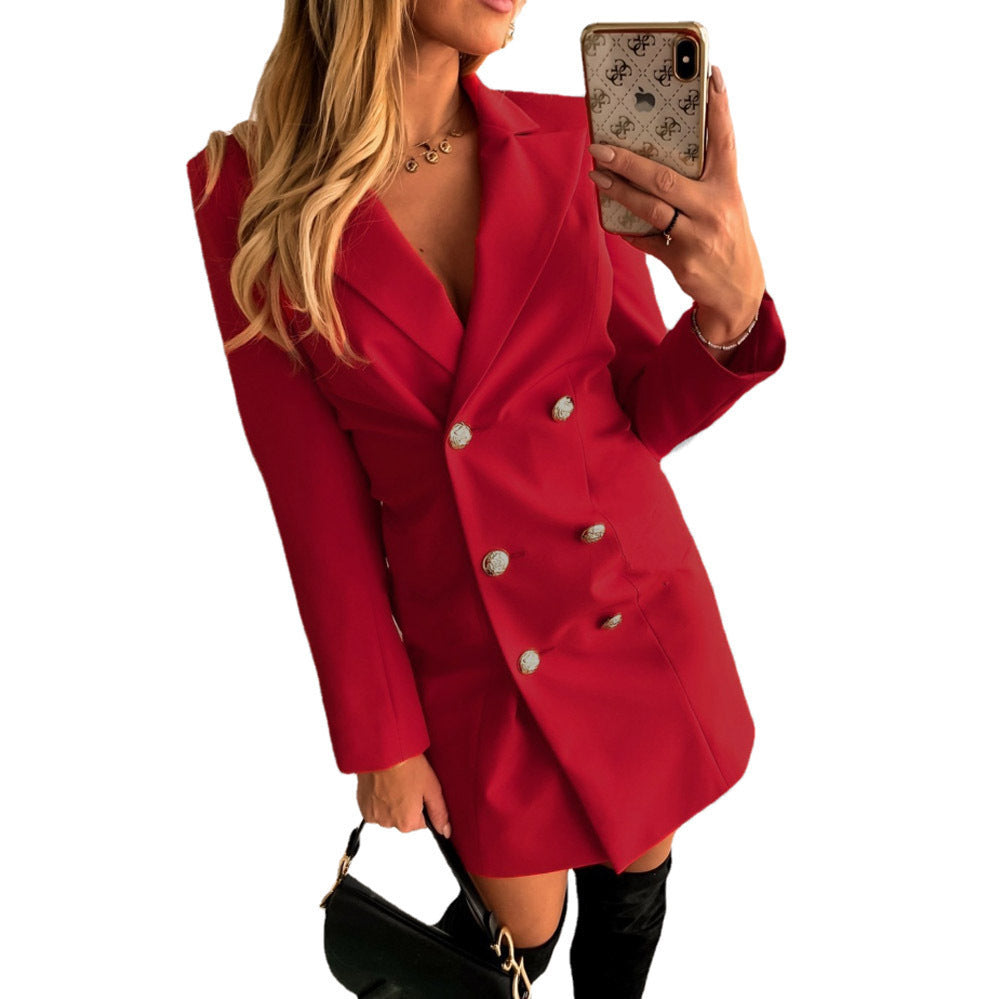 Autumn Winter Long Sleeve Solid Color Double Breasted Women's Small Blazer - AMAZEALL