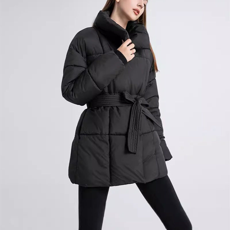 Winter Plaid Sewing Lapel Coat With Lace-up Design Fashion Loose Solid Thick Jacket Outerwear Women's Clothing - AMAZEALL