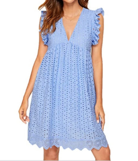 Lace Dresses With Pocket Summer Sleeveless Jacquard Cutout V-Neck Beach Dress - AMAZEALL
