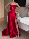 Tube Top Slit Red Extra Long Evening Dress - AMAZEALL