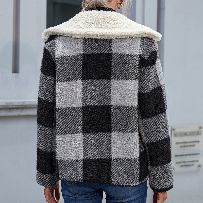 Casual Check Plush Lapel Jacket Lamb Fleece Check Pocket  Top - AMAZEALL