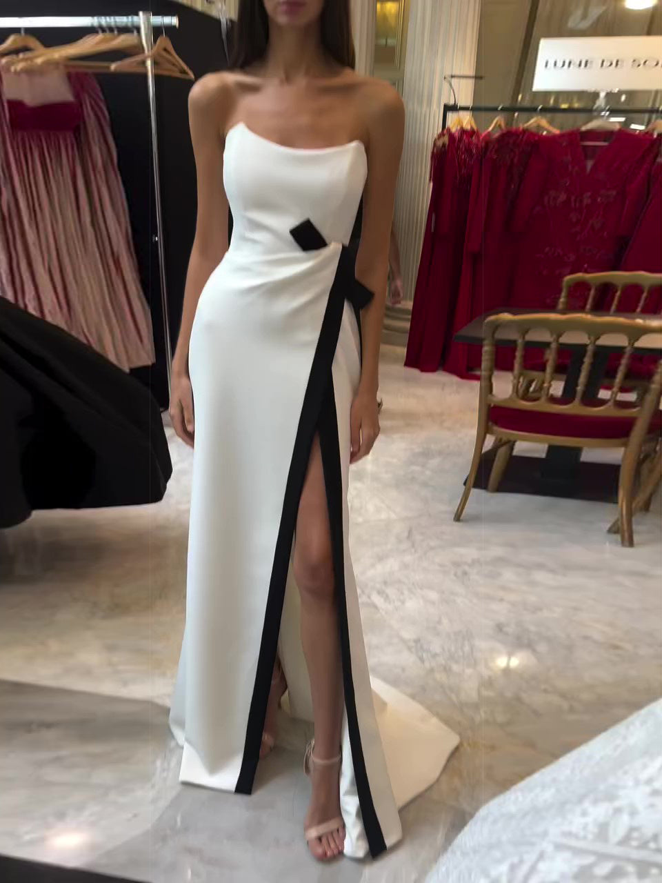 Strapless Black And White Contrasting Slit Dress - AMAZEALL